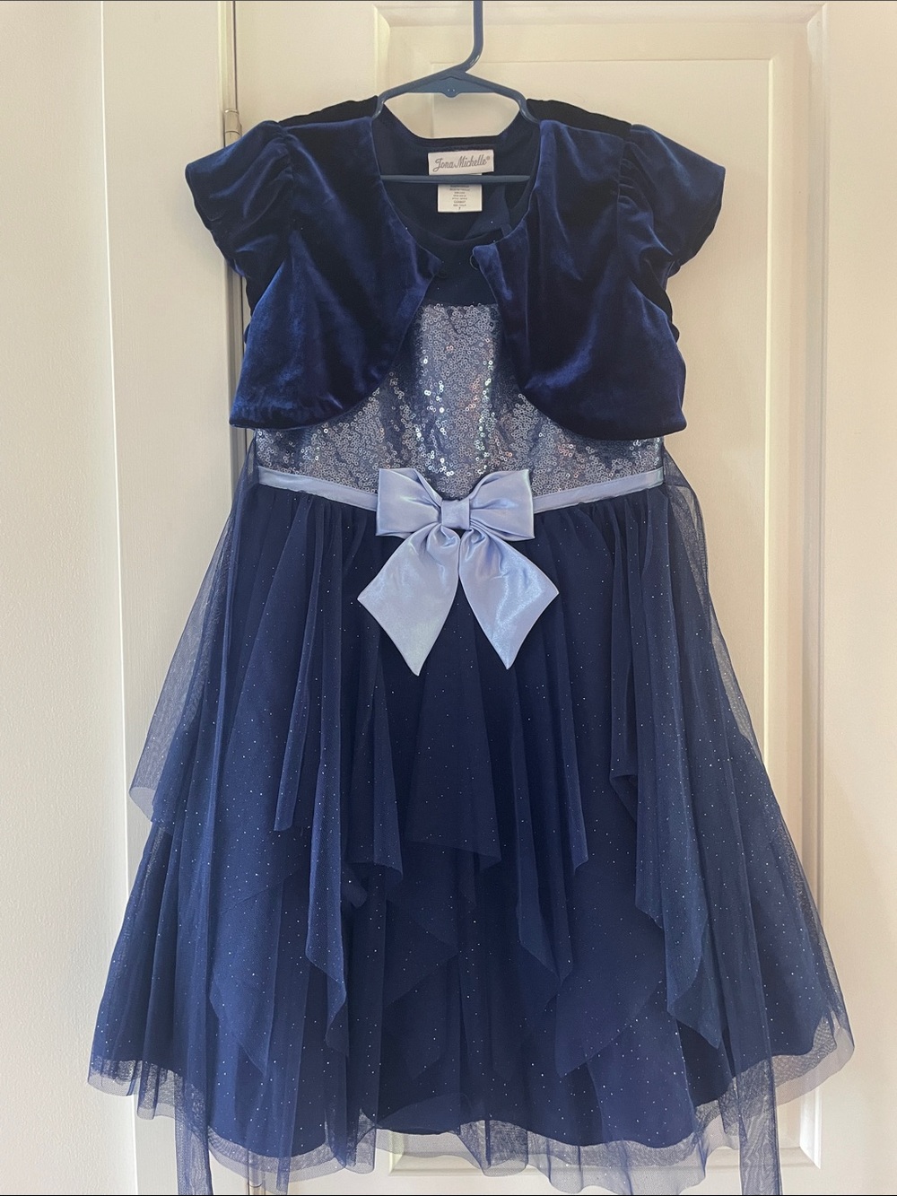 Jessica McClintock Navy Sparkle Tulle Dress with Light Blue Bow